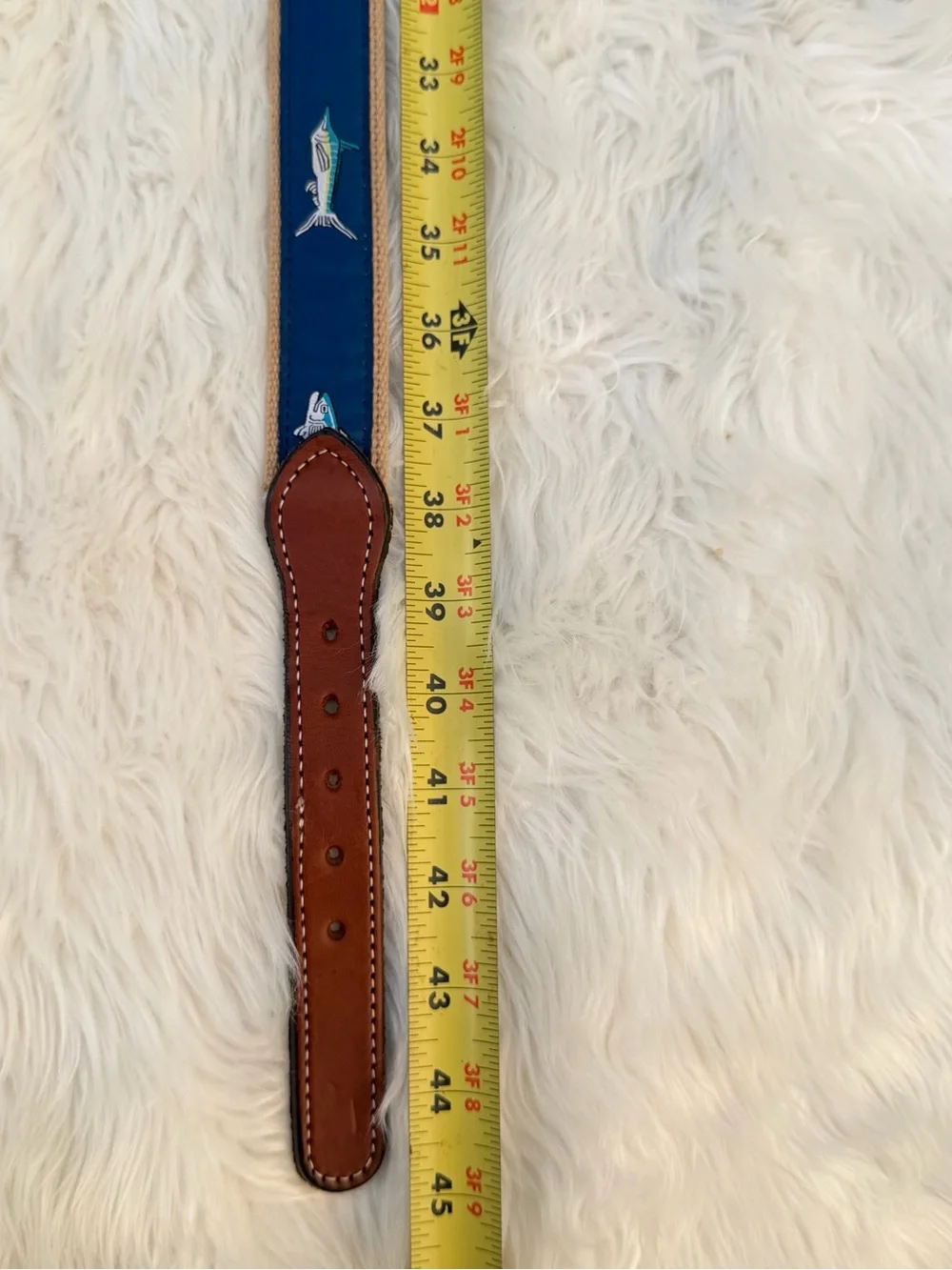 Preston classic Blue Fish Adjustable Strap Brown Leather Accent sz 38 long 44 in